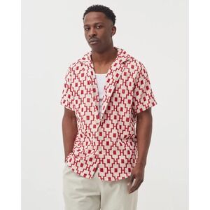 OAS Machu Cuba Terry Shirt Mens Large Red White Geometric Short Sleeve Button Up